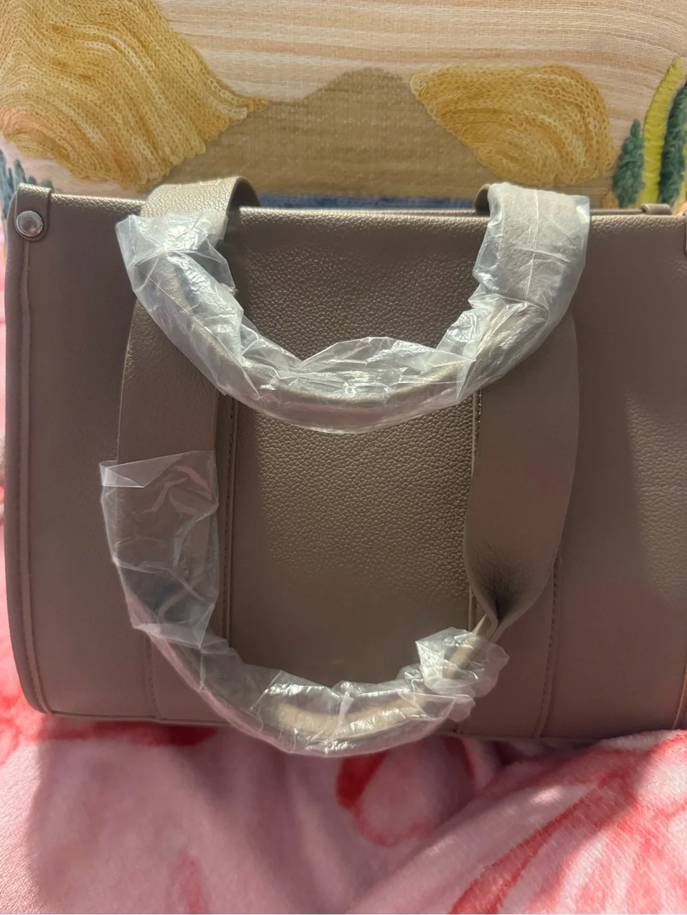 Taupe Leatherette Structured Tote Bag - Women's Handbag